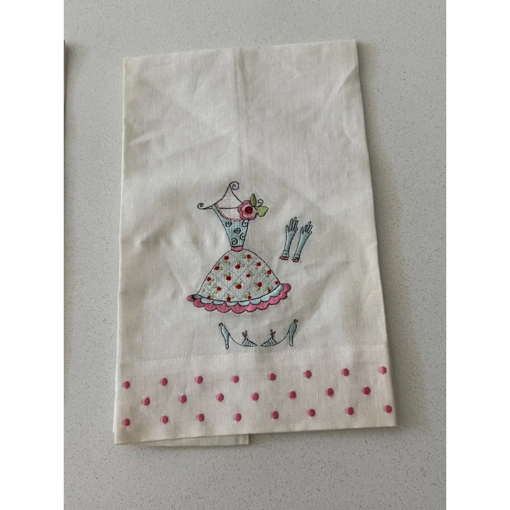 Vintage Style Embroidered‎ Dress Tea Towels Set of 2 Pink Blue Polka Dot Linen